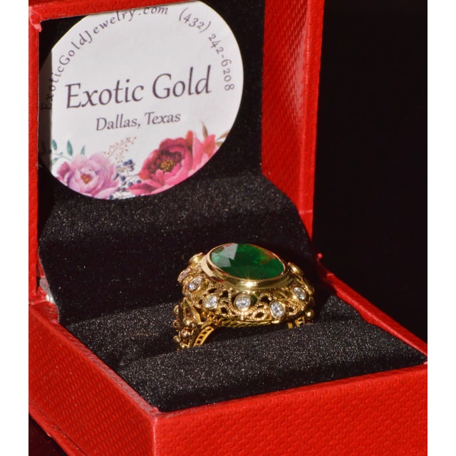 Certified Natural 7.32cts Emerald Diamond 18k Solid Gold Filigree Cocktail Dome Ring, Size 6.75 For Sale - Image 11 of 11