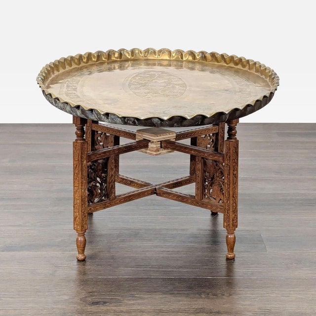 Brass Tray Top Coffee Table on Wood Stand For Sale - Image 4 of 6