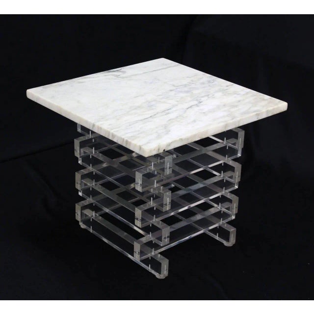 Mid 20th Century Vintage Mid Century Stacked Lucite Base and Marble Top Square End Tables- a Pair For Sale - Image 5 of 9