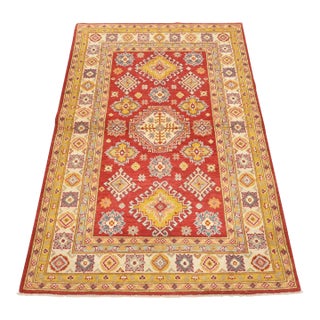 Kazak Rug 4’1” X 5’11” Red Wool Tribal Hand-Knotted Oriental Carpet For Sale