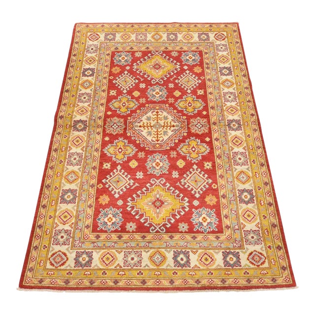 Kazak Rug 4’1” X 5’11” Red Wool Tribal Hand-Knotted Oriental Carpet For Sale