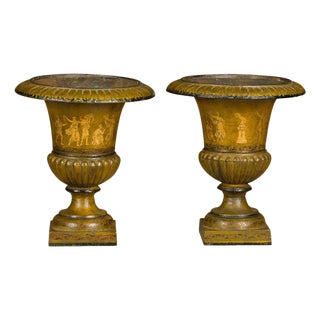 Early 20th Century Pair of Neoclassical Style Iron Planters with Liners and Mythological Figures For Sale