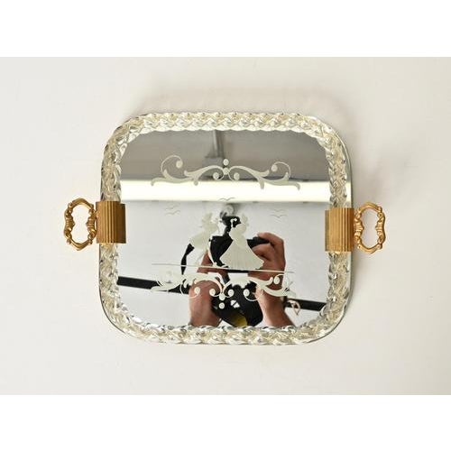 Metal Small Gilt Mirror-Engraved Murano Glass Serving Tray from Barovier, Italy, 1940s For Sale - Image 7 of 10
