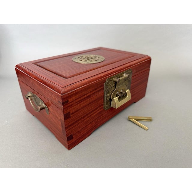 Chinese Asian Wooden Jewelry Box Brass Red Lined Trinket Chest W/Key + Lock Vintage For Sale - Image 9 of 18