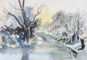 Vintage River View & Stone Bridge Watercolor Painting