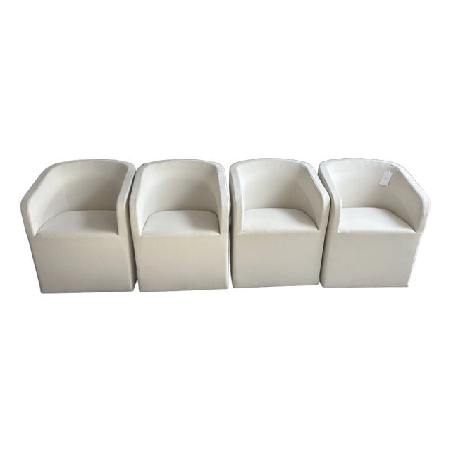 Restoration Hardware Ellison Barrelback Slope Arm Dining Chairs – Set of 4 Performance Linen Weave in Natural | Recessed Casters For Sale