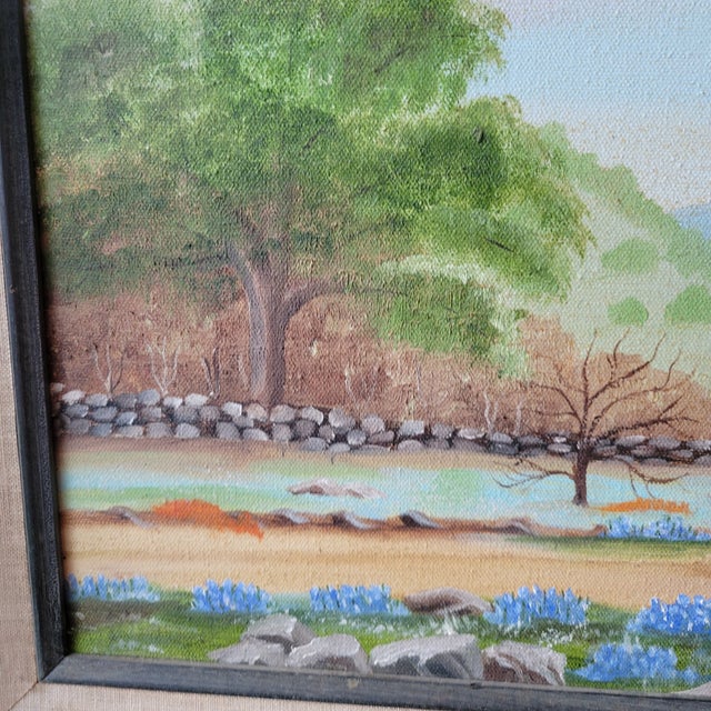 1980s Tx Bluebonnets Landscape Oil Painting Signed 29x17" Frame Linen Matt 24 X 12 Art For Sale - Image 6 of 16