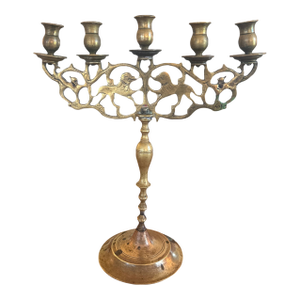 Antique Polish Brass Five-Light Shabbat Candelabra