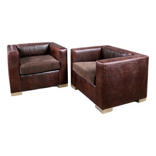 Pair of Sculptural Crocodile-Embossed Leather Club Chairs W/ Metal Plinth Bases For Sale