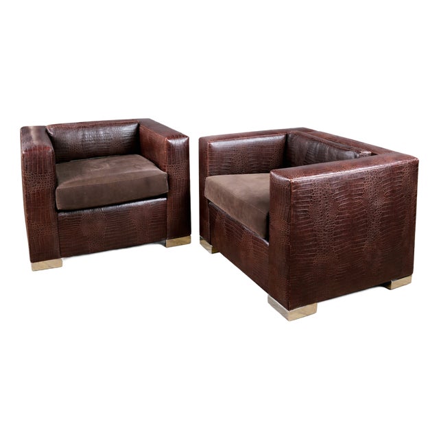 Pair of Sculptural Crocodile-Embossed Leather Club Chairs W/ Metal Plinth Bases For Sale
