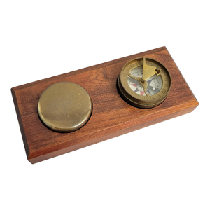 Mid-Century Brass Sundial Compass on Wood Stand by Son MFG New York