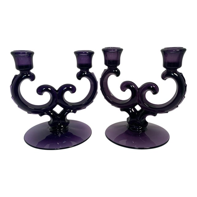 Circa 1930s Amethyst Glass Art Nouveau Double Candelabras- Set of 2 For Sale