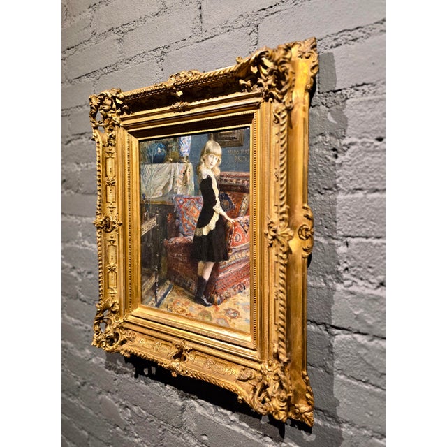 Blue Armand Point -Portrait of a Young Girl in an Interior- 19th Century French Oil Painting For Sale - Image 8 of 13