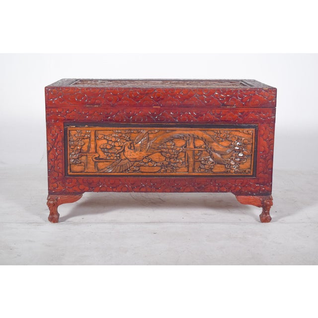 Antique Painted Oriental Carved Chest For Sale - Image 9 of 14