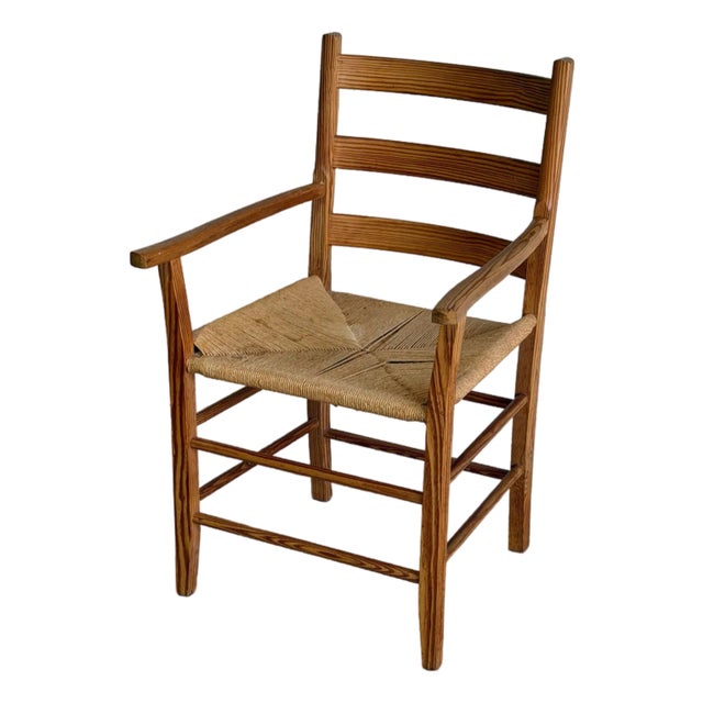 Vintage Danish Pine Armchair Rush Seat Scandinavian Mid Century For Sale