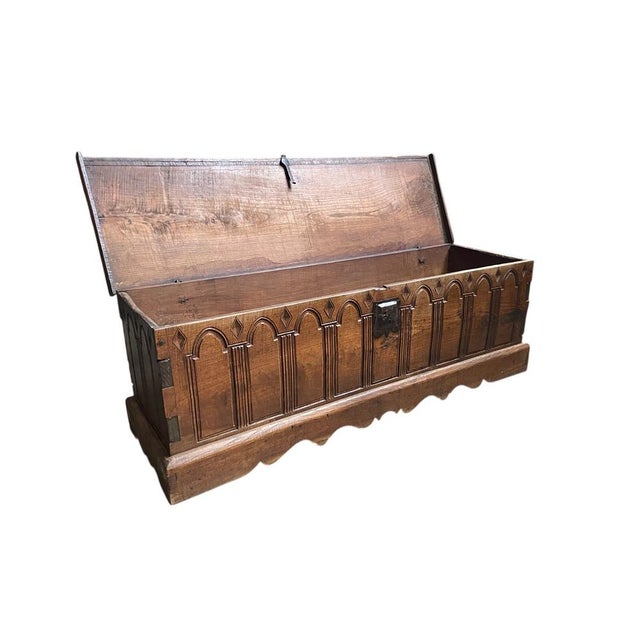 Spanish Chest in Chestnut with Carved Arches, 1650s For Sale - Image 9 of 11