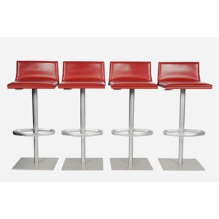 Set of Four Frag Bottega Italian Red Leather Adjustable Swivel Bar Stools For Sale