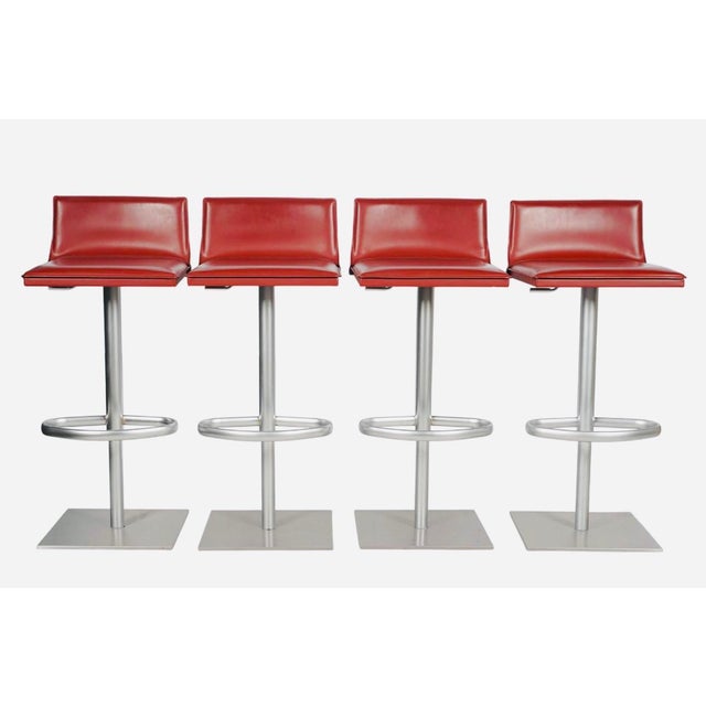 Set of Four Frag Bottega Italian Red Leather Adjustable Swivel Bar Stools For Sale