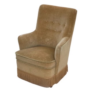 Danish Armchair in Light Green Furniture Velour, 1970s For Sale