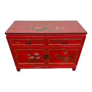 Hand Painted Red Lacquered Chinoiserie Cabinet For Sale