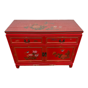 Hand Painted Red Lacquered Chinoiserie Cabinet