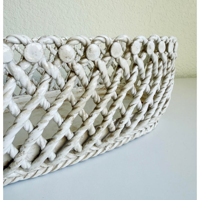 Rustic European 1950s Rare Italian Creamware Oval Ceramic Rope Basket For Sale - Image 3 of 14