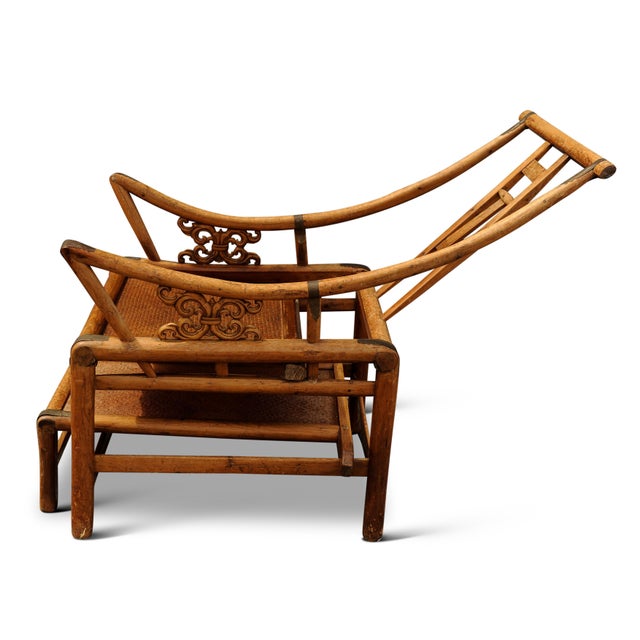 Victorian Wishbone Bamboo & Cane Reclining Armchairs with Pull Out Ottoman, Set of 2 For Sale - Image 13 of 14