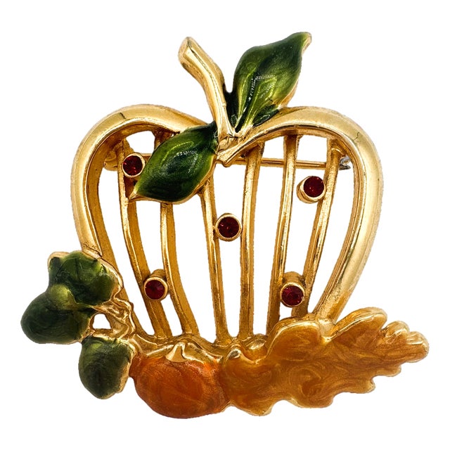Vintage Enamel Apple Acorn and Oak Leaf Rhinestone Brooch For Sale