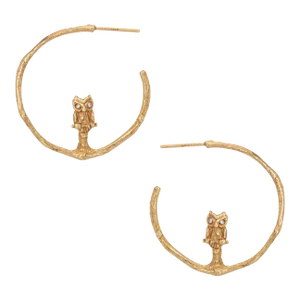 Vintage Owl Hoop Earrings 14 Karat Yellow Gold Diamond Eyes Estate Jewellery - 2 Pieces