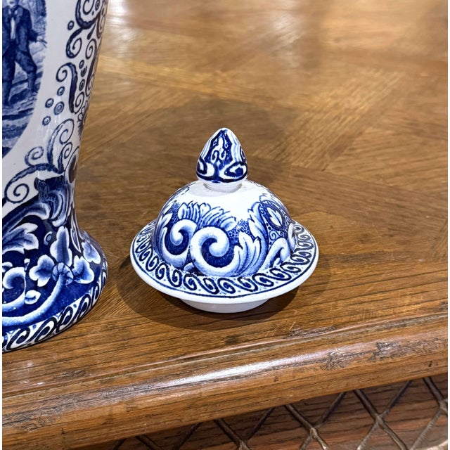 Mid-Century Dutch Delft Blue and White Lidded Ceramic Vase by Maastricht For Sale - Image 4 of 9