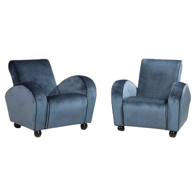 Set of Art Deco Blue Velvet Armchairs, 1940s For Sale