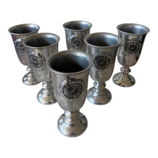 Vintage American Is Century Modern Pewter-Tone Sunburst Medallion Water Goblets – Set of 6 For Sale