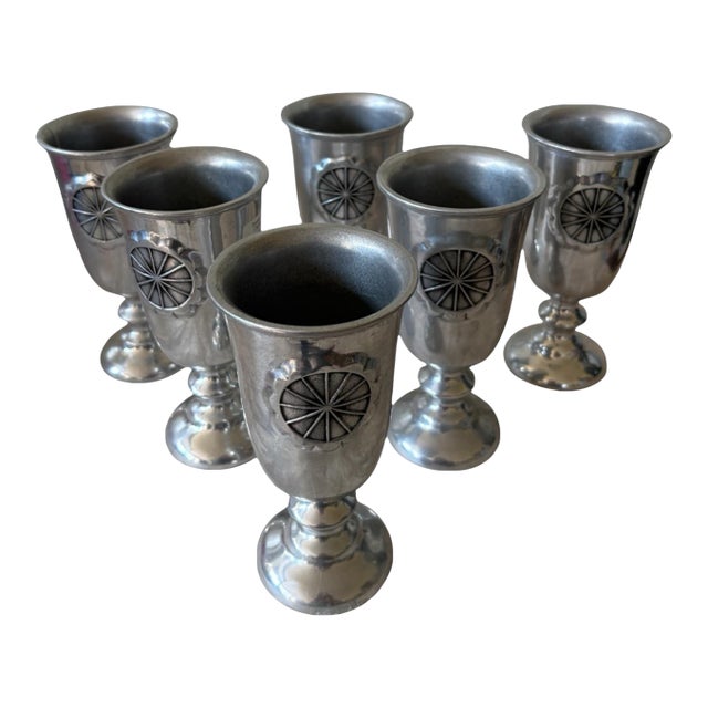 Vintage American Is Century Modern Pewter-Tone Sunburst Medallion Water Goblets – Set of 6 For Sale