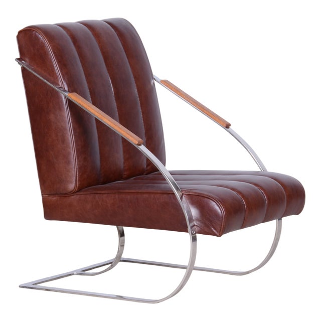 Bauhaus Armchair in Leather, Nickel, Steel, Oak, and Lacquer, Czech, 1920s For Sale