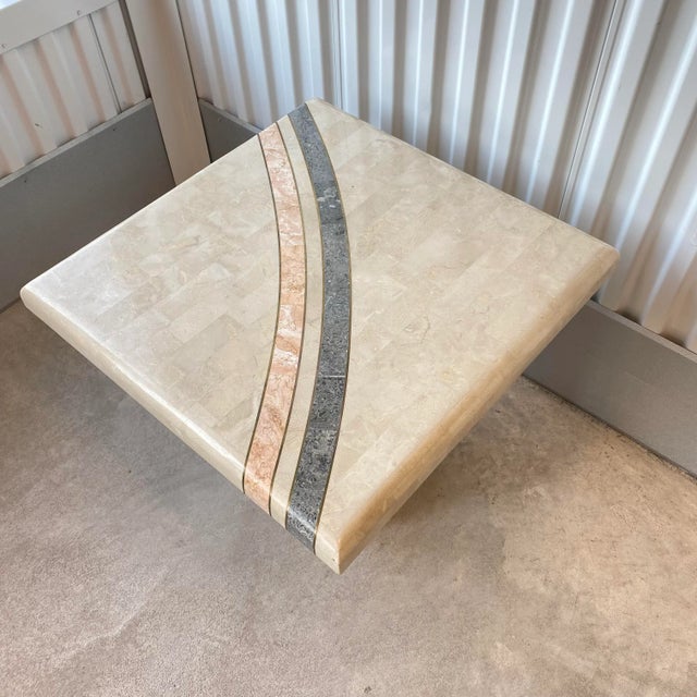 Casa Bique 80s Tessellated Stone and Brass Inlay Pedestal Side Table For Sale - Image 4 of 13