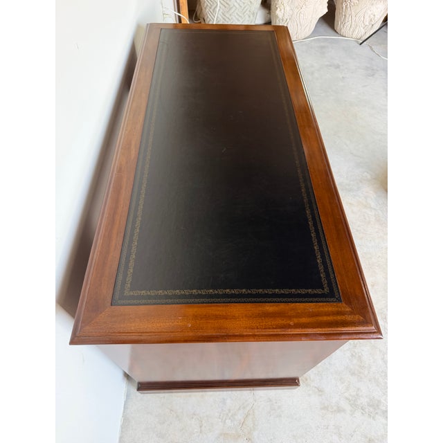 1970s Vintage Campaign Chippendale-Style Mahogany & Tooled Leather Top Partners Desk For Sale - Image 9 of 13