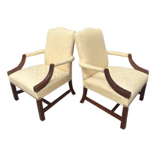 Traditional Pale Buttercream Yellow Damask Carved Mahogany Martha Washington Library Living Room Chairs, a Pair For Sale