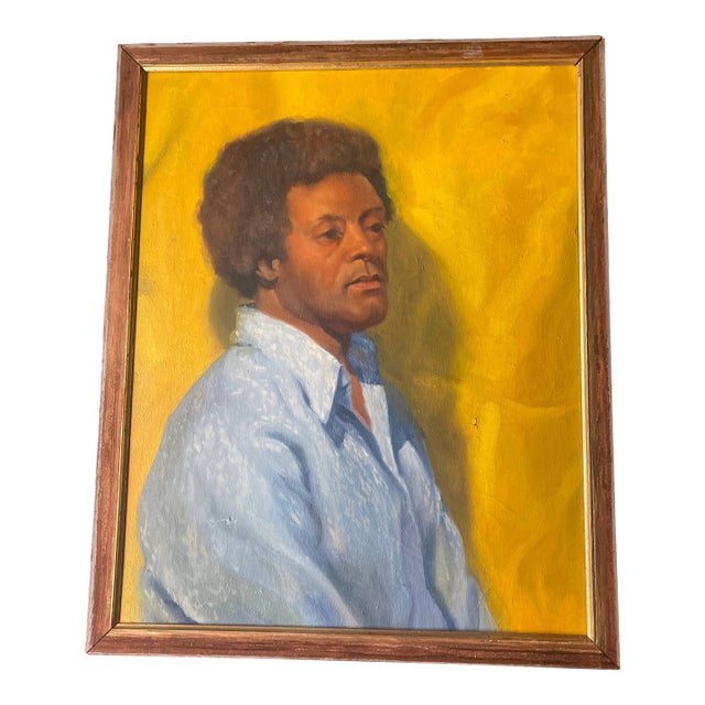 Vintage Mid Century Oil Portrait – African American Male Figure on Yellow Background, Framed (1960s–1970s) For Sale