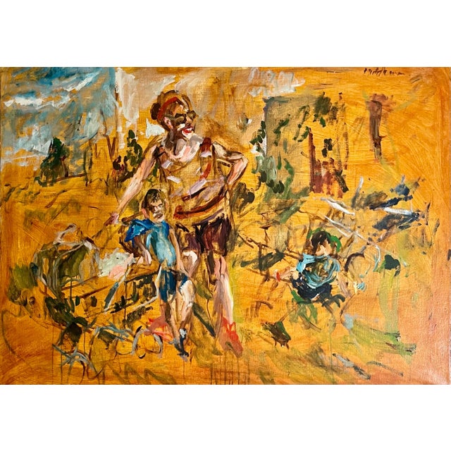 Raoul Middleman, Large Abstract Beach Scene Oil Painting Woman with Children Raoul Middleman, c.1970's For Sale