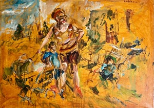 Raoul Middleman, Large Abstract Beach Scene Oil Painting Woman with Children Raoul Middleman, c.1970's