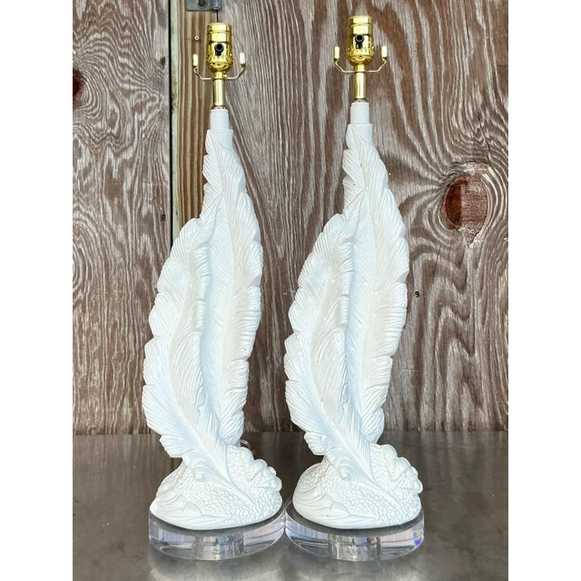 Boho Chic Vintage Boho Plaster Twisted Feather Lamps - a Pair For Sale - Image 3 of 6