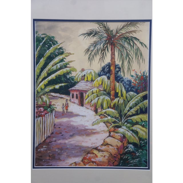 Late 20th Century Talbot Tropical Caribbean Garden Village Watercolor on Silk Painting 27" For Sale - Image 6 of 9