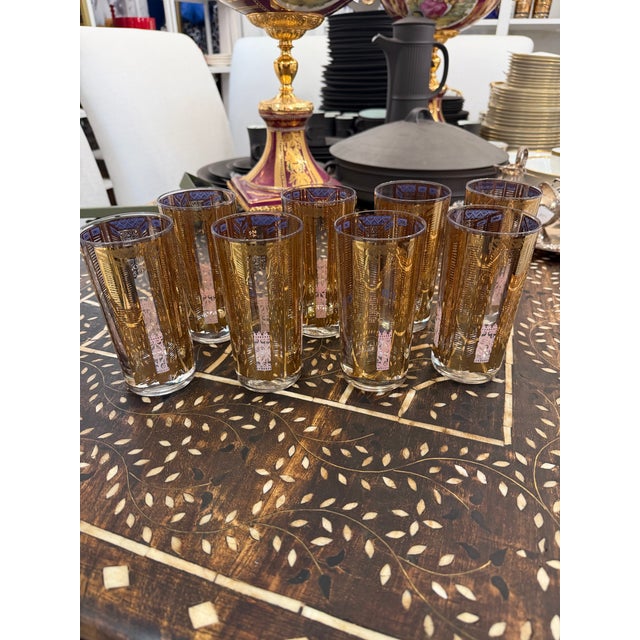 Vintage 1950s Gold and Lavender Highball Cocktail Glasses Set of 8 For Sale - Image 11 of 12