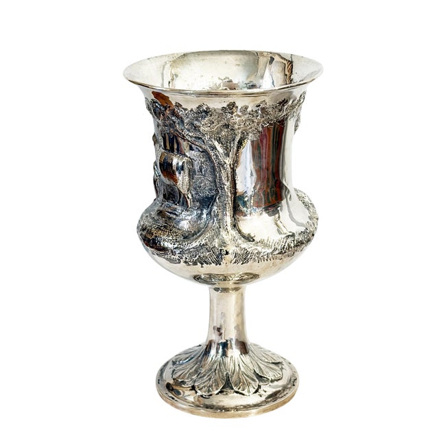 English Antique English Sterling Silver Goblet W/Repoussé Pastoral/ Rural Animal Scenes 7" H For Sale - Image 3 of 9