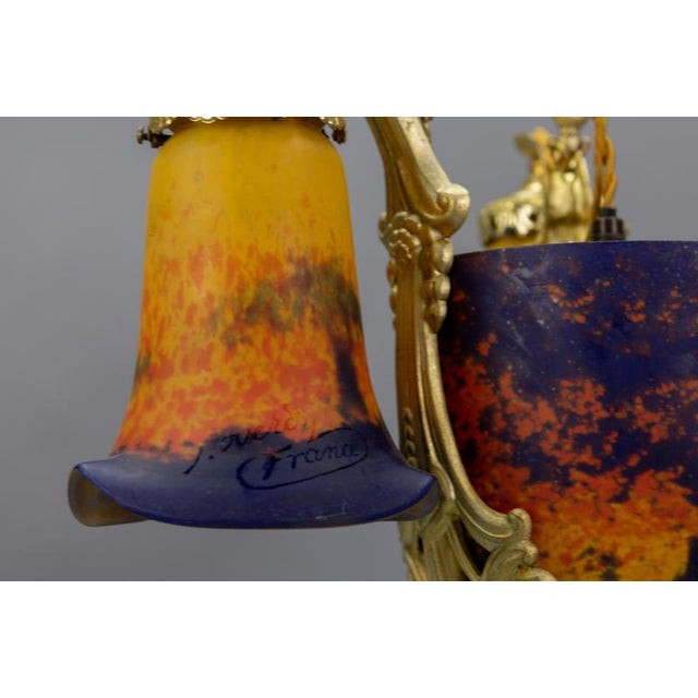 Art Deco Pâte De Verre Glass and Bronze Four-Light Chandelier attributed to Noverdy, France, 1920s For Sale - Image 4 of 18