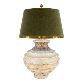 Late 20th Century Sculptural Shell Urn Table Lamp With Moss Green Velvet and Gold-Lined Shade For Sale