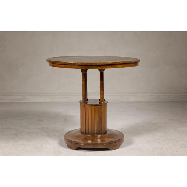 Midcentury Round Top Side Table with Column Supports and Tambour Base For Sale In New York - Image 6 of 12