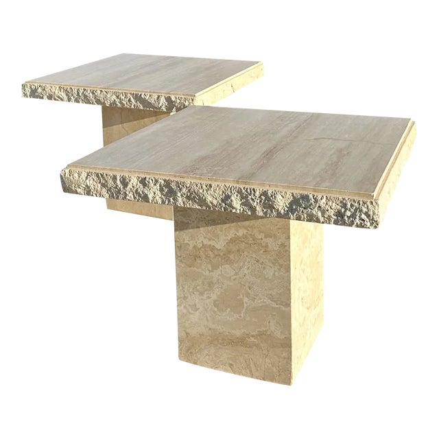 Rough Cut Edge Travertine Side Tables - A Pair For Sale