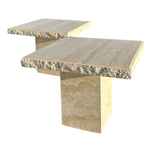 Rough Cut Edge Travertine Side Tables - A Pair