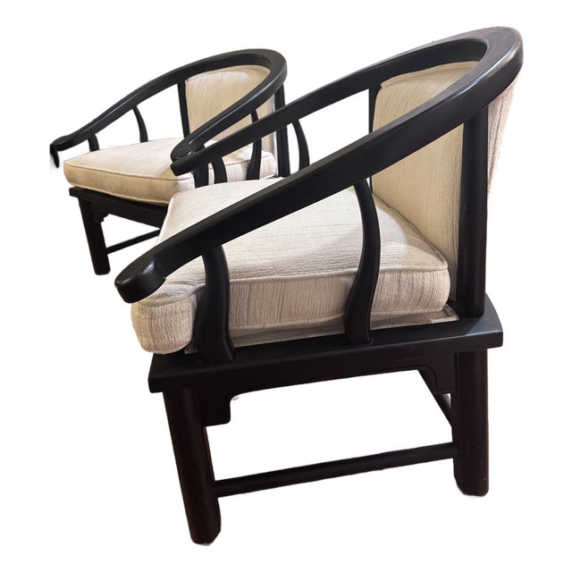 1950s Pair of Black Frame Asian Ming Style Horseshoe Armchairs, For Sale